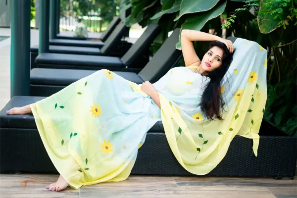 pure georgette hand painted blue and yellow saree with sunflowers