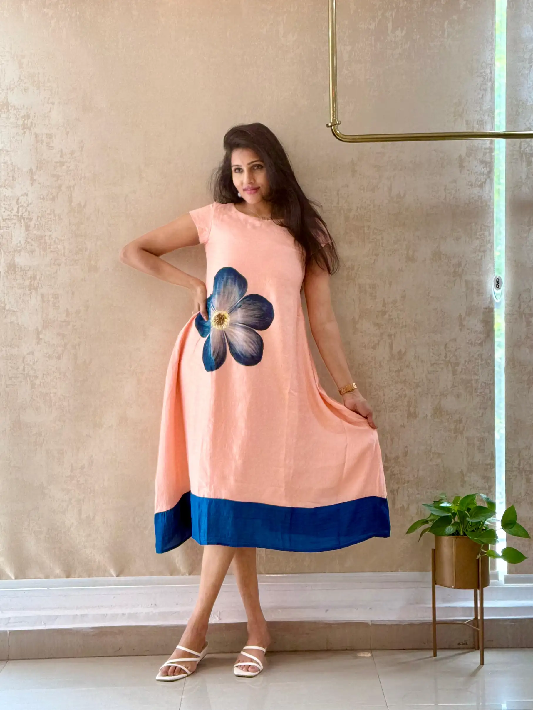 Hand painted floral art on pure raw silk peach dress