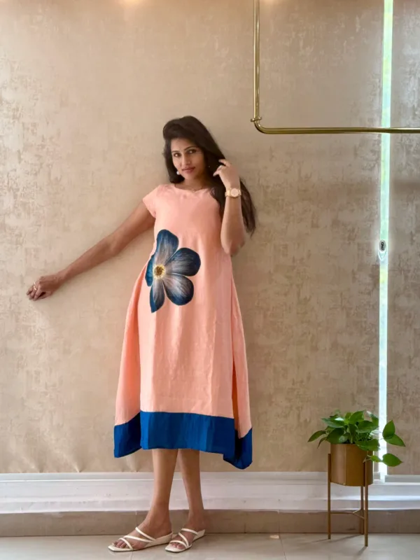 Hand painted floral art on pure raw silk peach dress