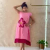 Hand-painted floral art on pure raw silk pink dress