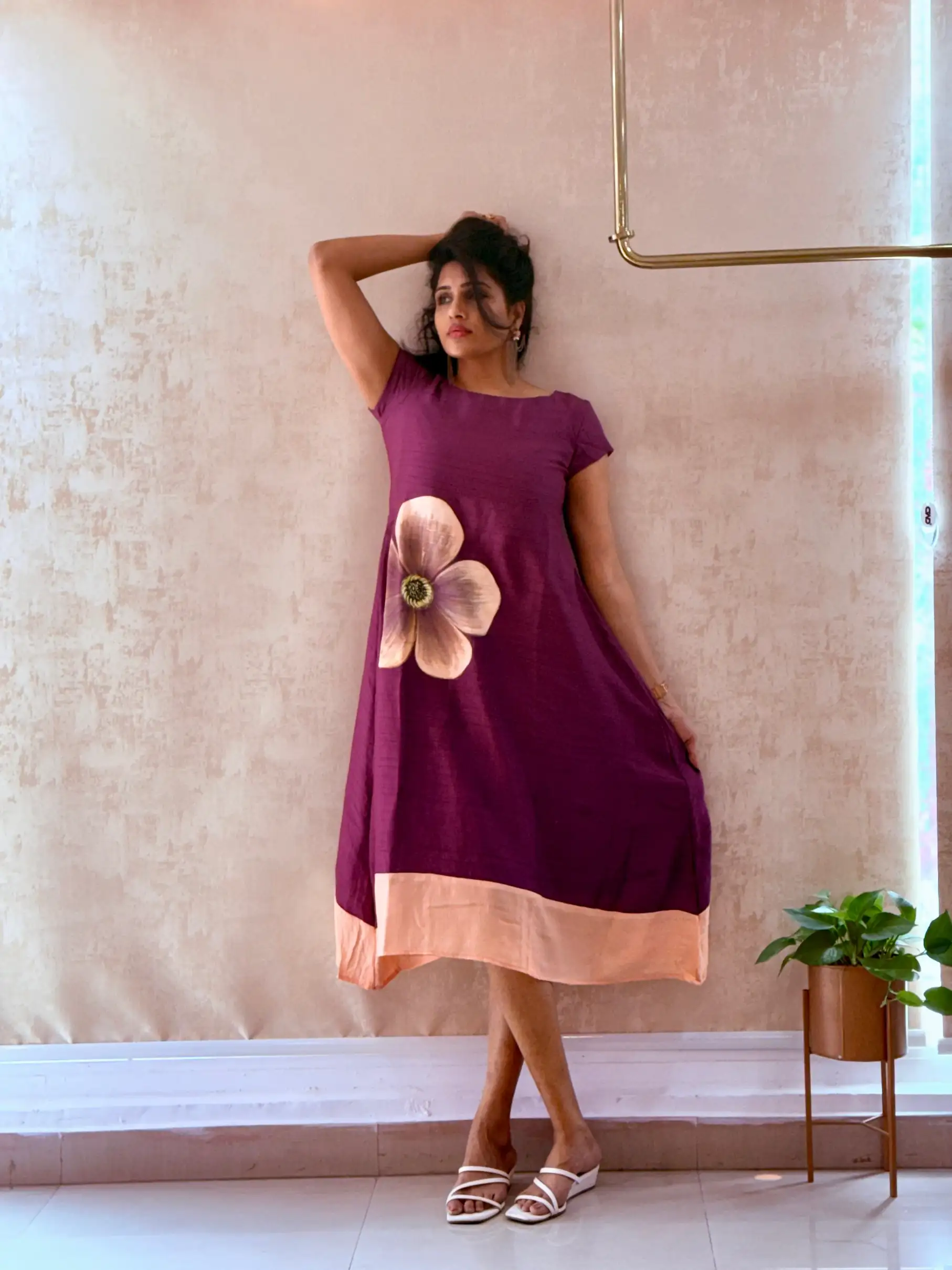 Hand painted floral art on pure raw silk purple dress