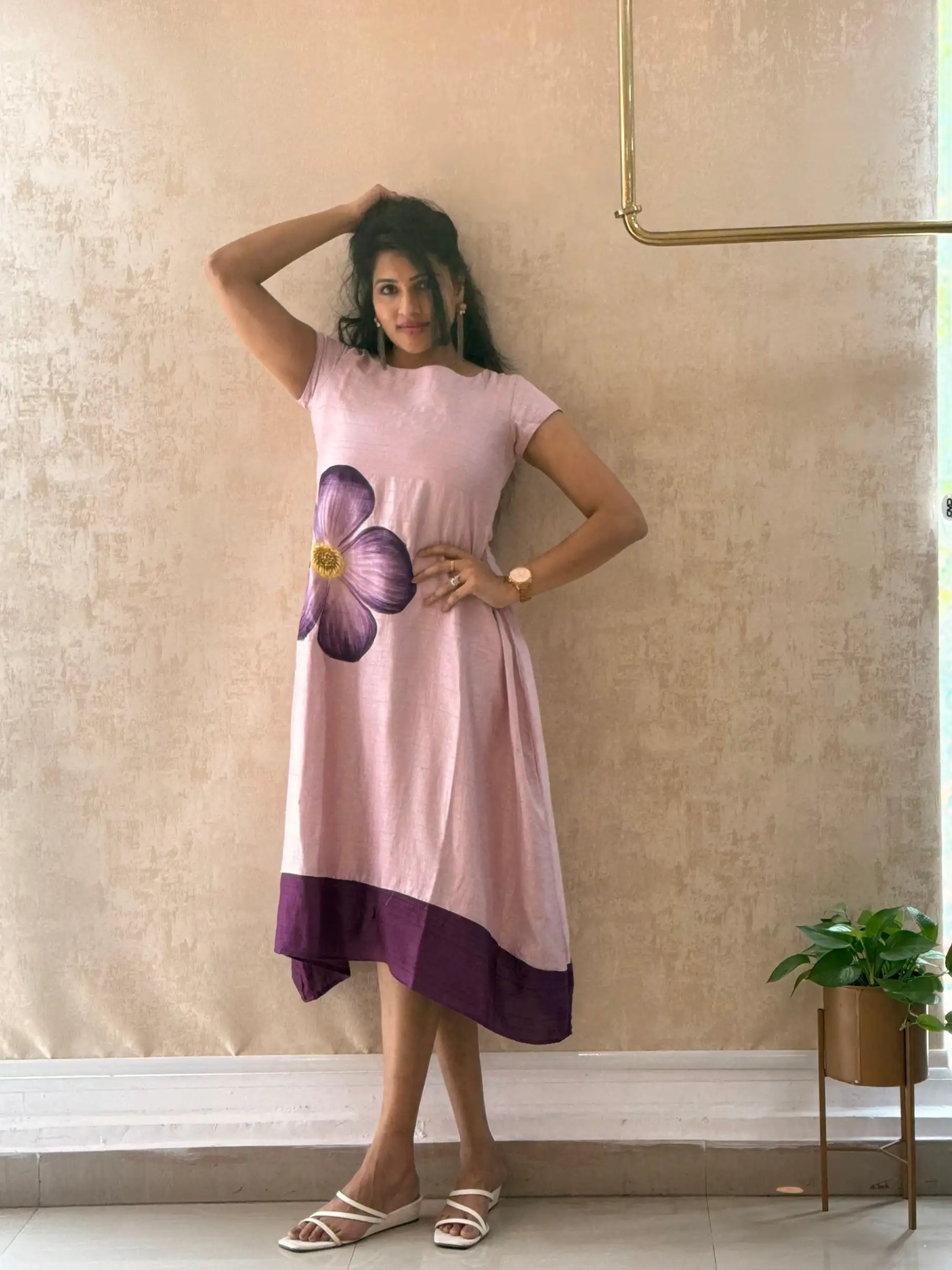 Hand painted floral art on pure raw silk lilac dress