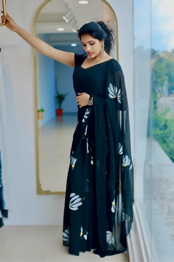 pure georgette hand painted black saree with daises